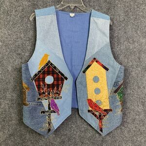 Denim Open Vest Birdhouse Appliqué Unbranded Women M Novelty Embroidery Lined